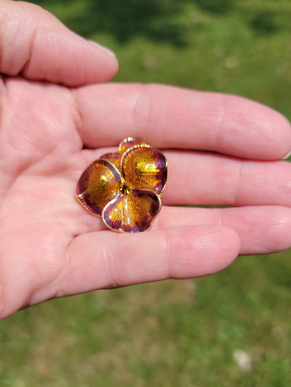 Vintage Joan Rivers Gold and Purple Enamel Pansy Brooch Stunning Floral